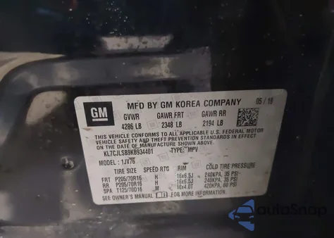 2019 Chevrolet Trax Lt из США, поврежденный, VIN KL7CJLSB9KB934401